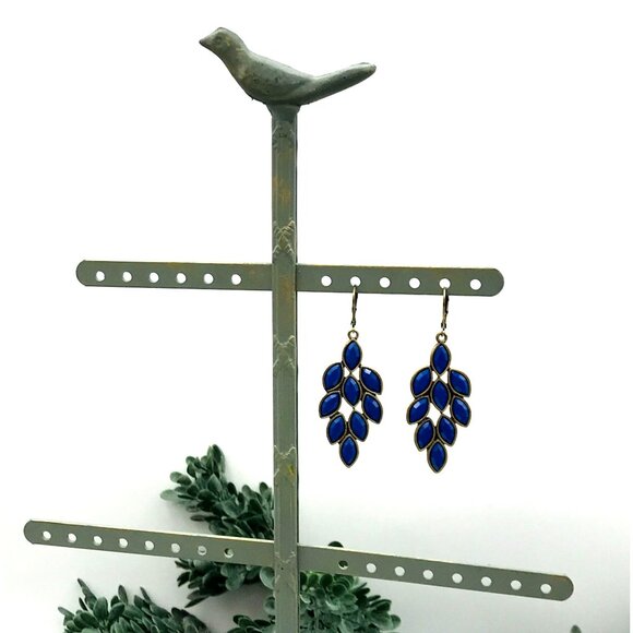 Vintage-Style Brass & Blue Leaf Drop Earrings With Leverback Closure - Picture 4 of 5